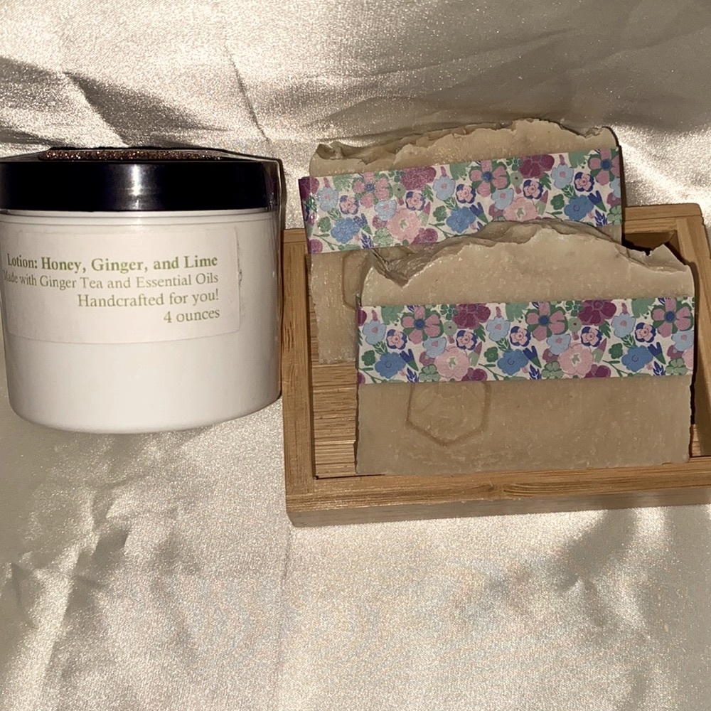 2 Bars of handcrafted Ginger & Lime SOAP and 1 jar of Ginger & Lime LOTION